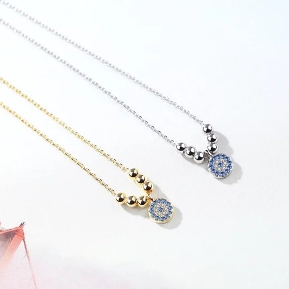 14k Gold Sapphire Diamonds Blue Eye Beads Sterling Silver Necklace - Picture 5 of 10